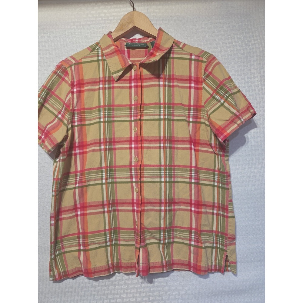 Lemon Grass Studio Women's Button-Up Shirt Medium Plaid Short Sleeve 100% Cotton